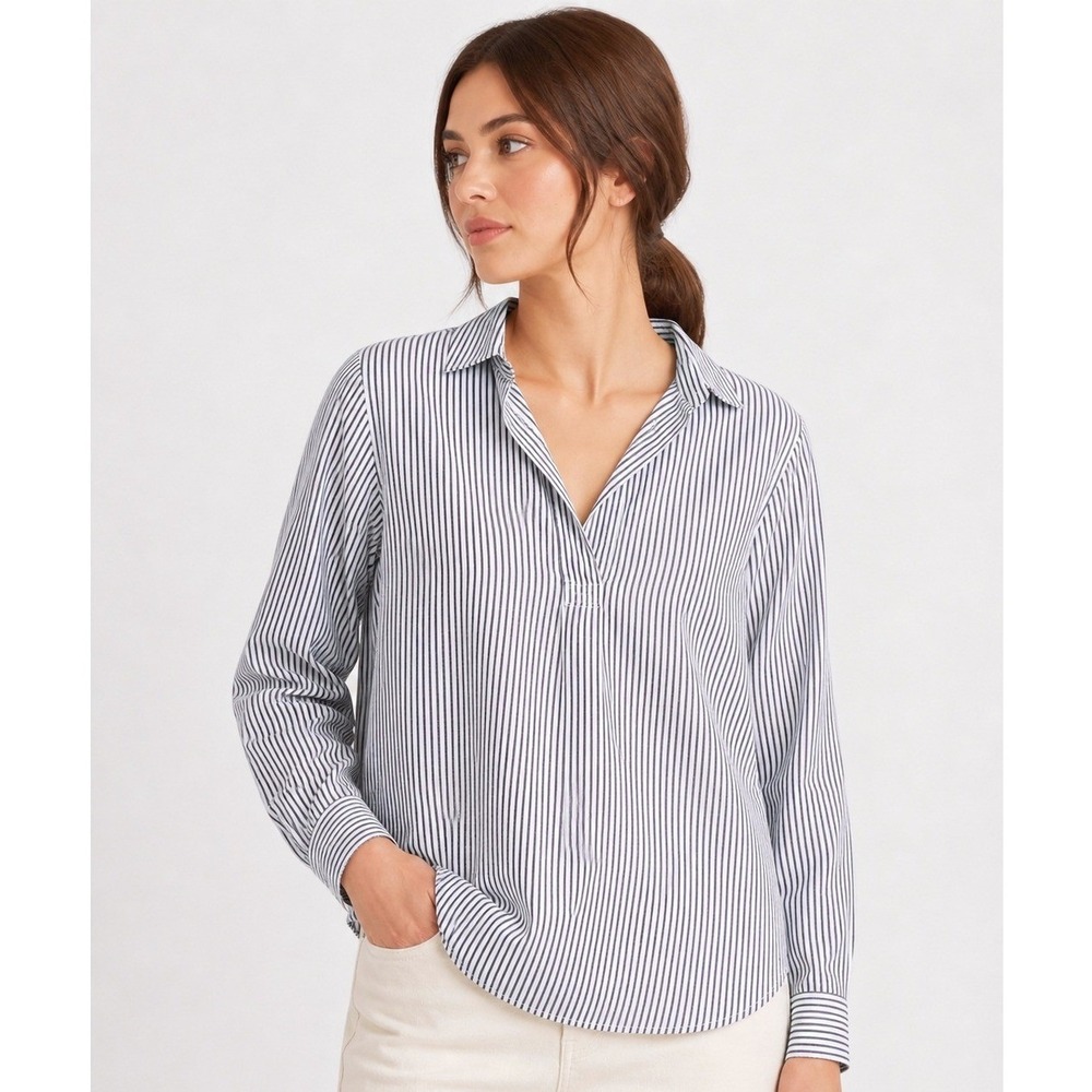 J Crew Womens Striped Popover Top XL Cotton Blue White Nautical Coastal Preppy